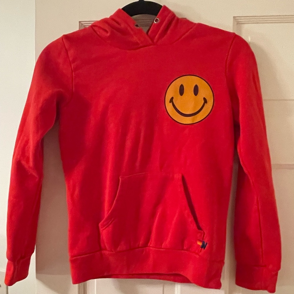 Aviator Nation Kids Red Smiley Sweatshirt Hoodie Size 10 boy girl unisex